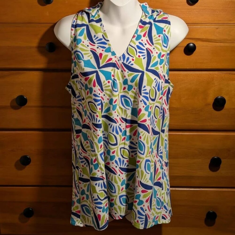 Buckhead Betties Sleeveless Blouse Medium Colorful Abstract Print V Neck